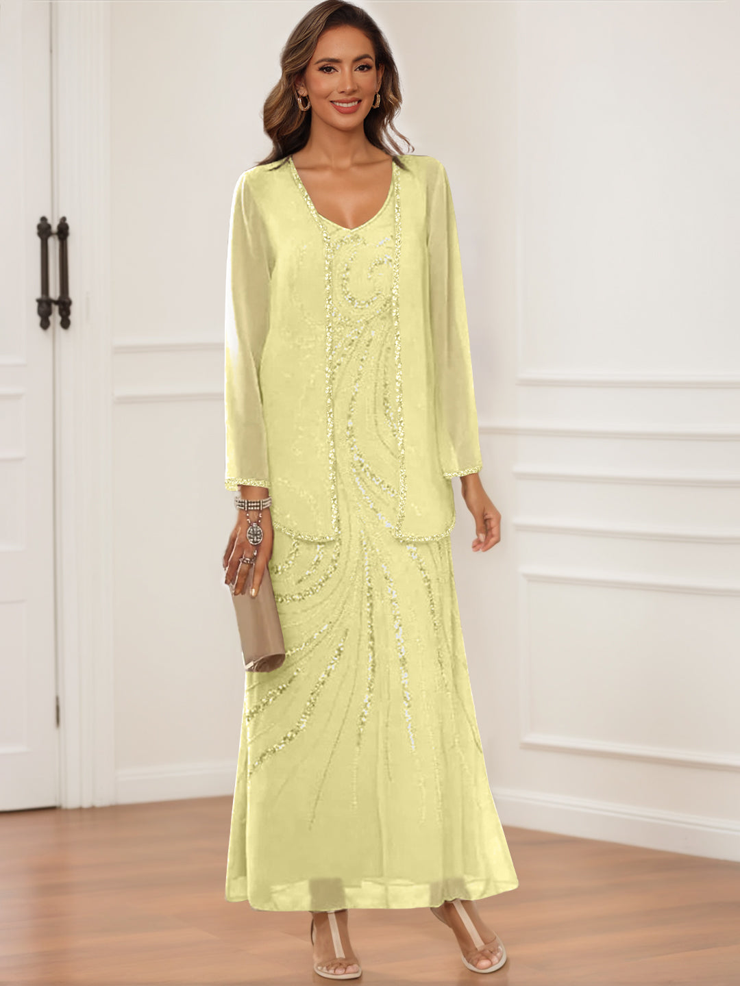 V Neck Ankle Length Sheath Column Dress with Jacket & Sequins for Mothers of the Bride & Groom