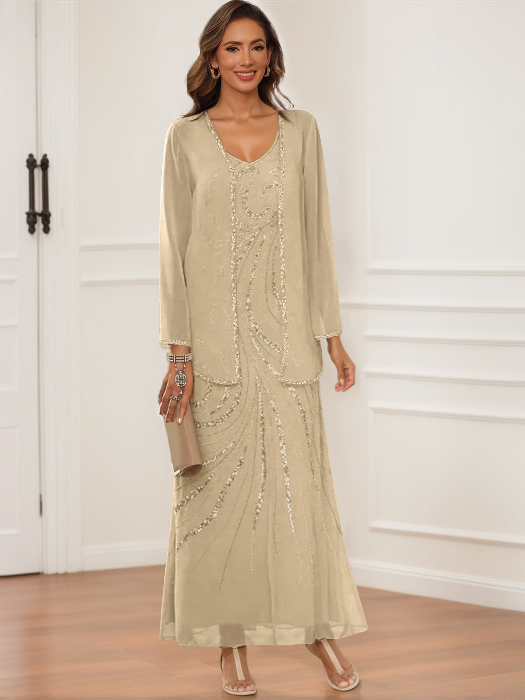V Neck Ankle Length Sheath Column Dress with Jacket & Sequins for Mothers of the Bride & Groom