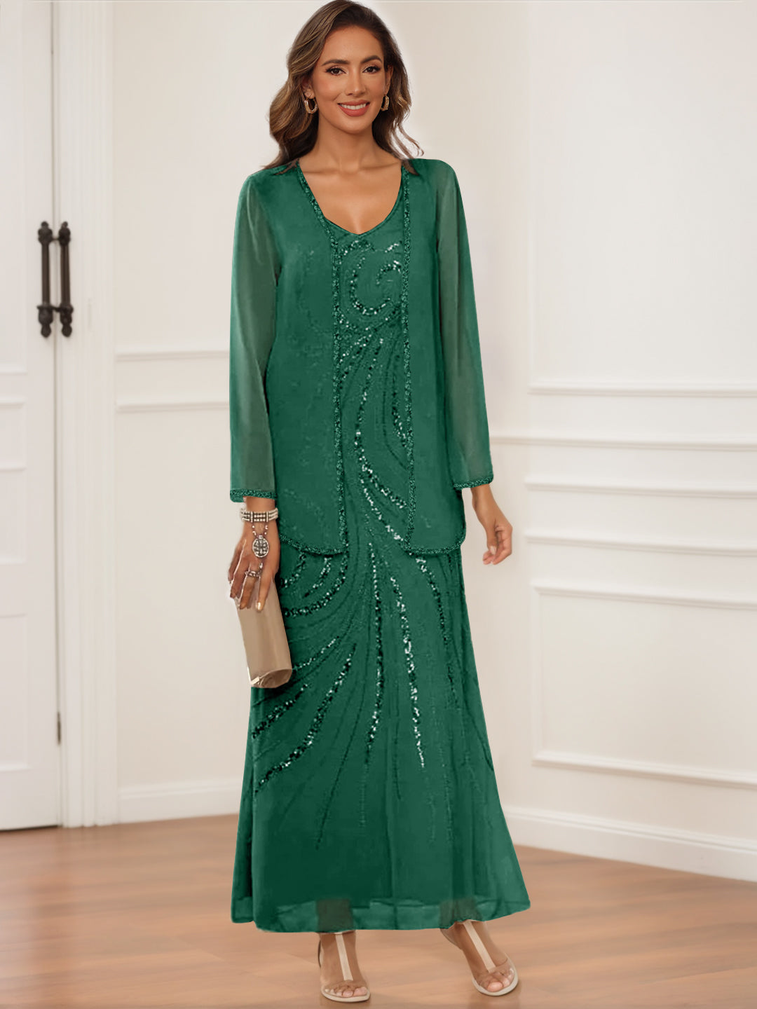 V Neck Ankle Length Sheath Column Dress with Jacket & Sequins for Mothers of the Bride & Groom