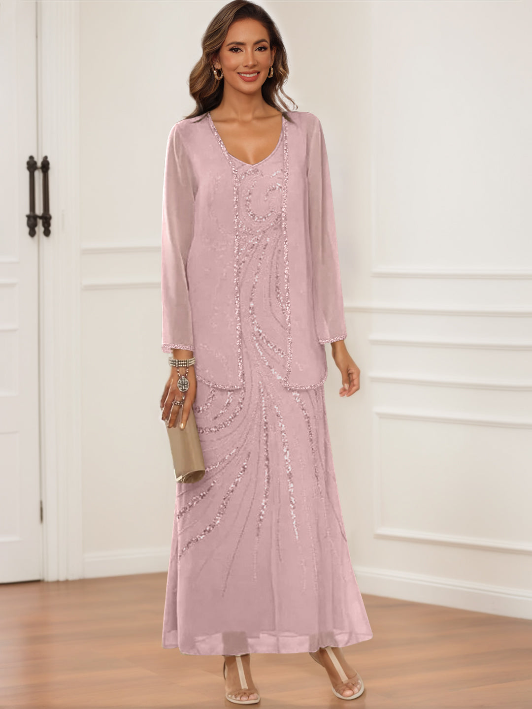 V Neck Ankle Length Sheath Column Dress with Jacket & Sequins for Mothers of the Bride & Groom