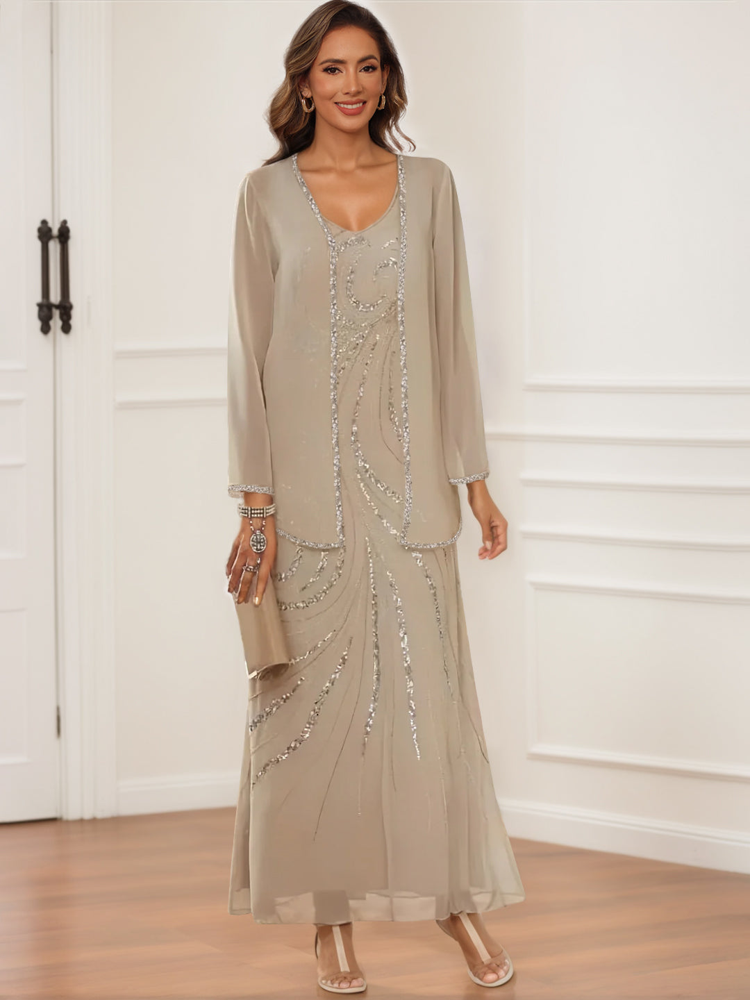 V Neck Ankle Length Sheath Column Dress with Jacket & Sequins for Mothers of the Bride & Groom