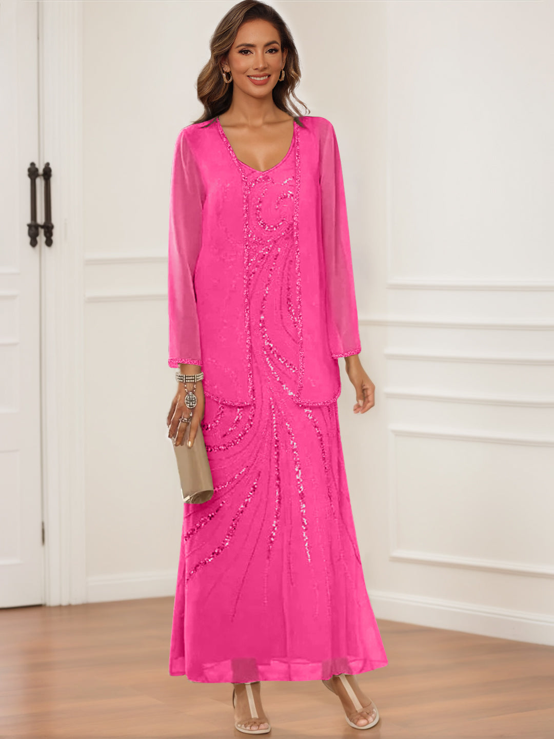 V Neck Ankle Length Sheath Column Dress with Jacket & Sequins for Mothers of the Bride & Groom