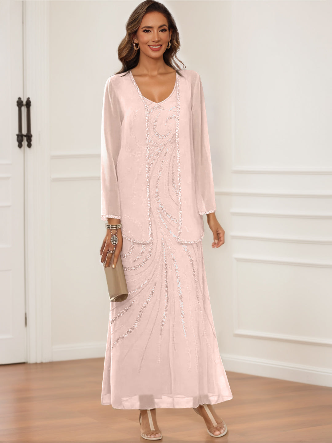 V Neck Ankle Length Sheath Column Dress with Jacket & Sequins for Mothers of the Bride & Groom
