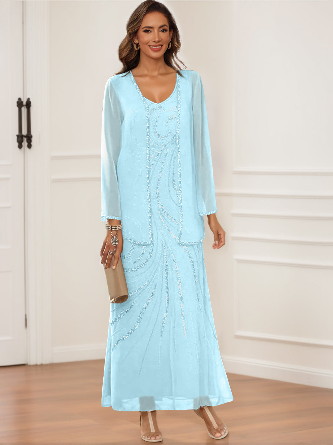 V Neck Ankle Length Sheath Column Dress with Jacket & Sequins for Mothers of the Bride & Groom