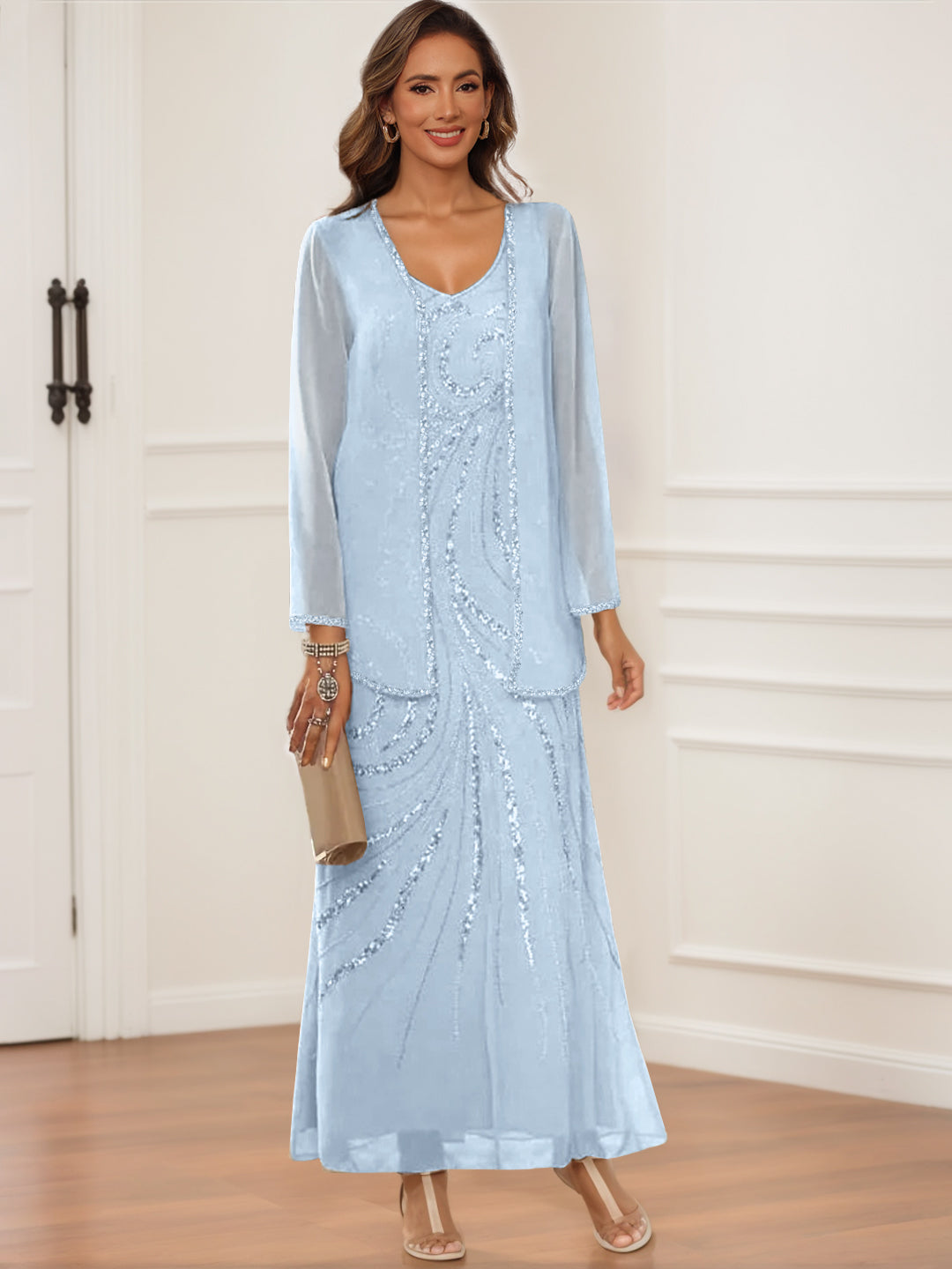 V Neck Ankle Length Sheath Column Dress with Jacket & Sequins for Mothers of the Bride & Groom