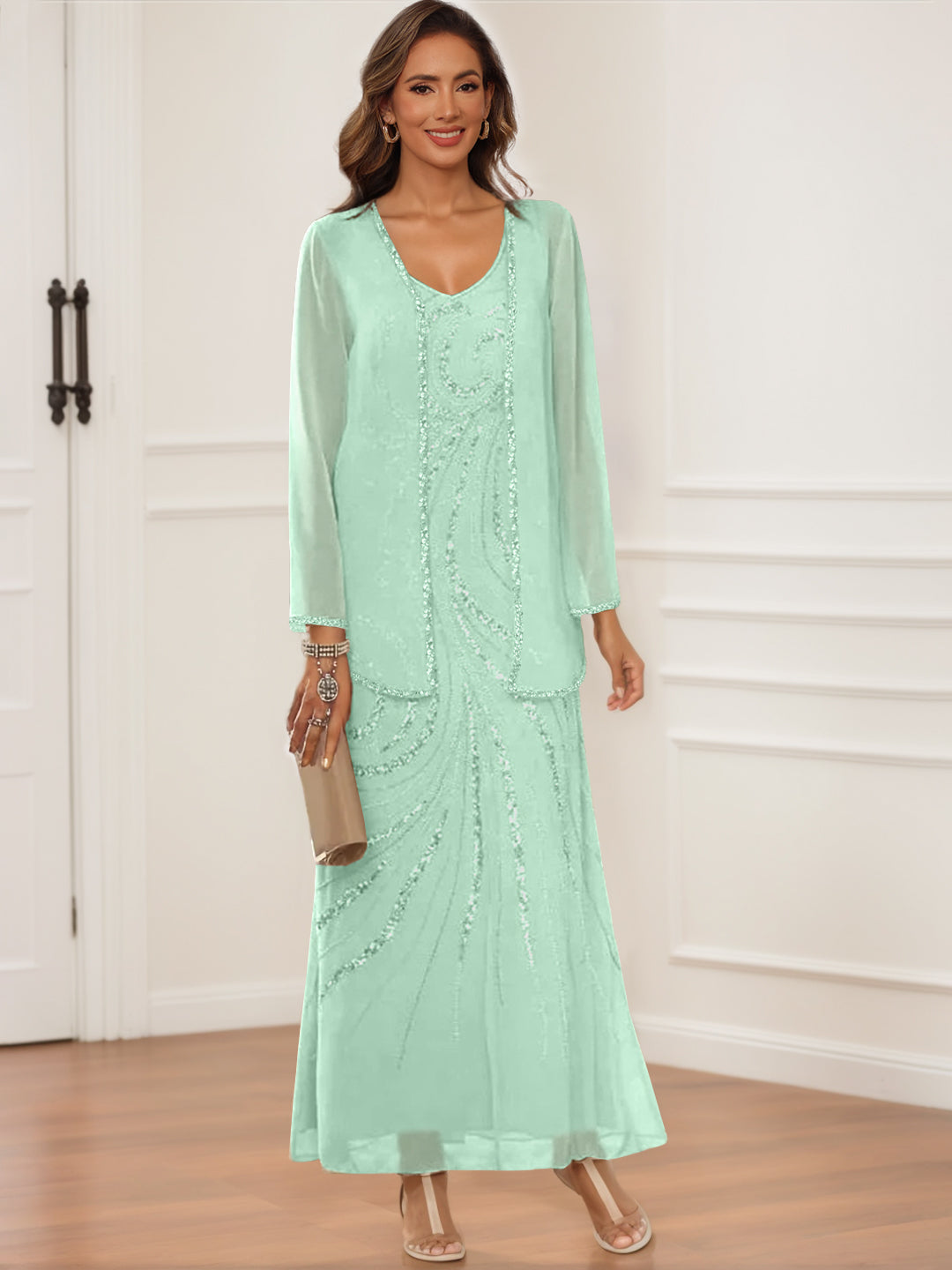 V Neck Ankle Length Sheath Column Dress with Jacket & Sequins for Mothers of the Bride & Groom