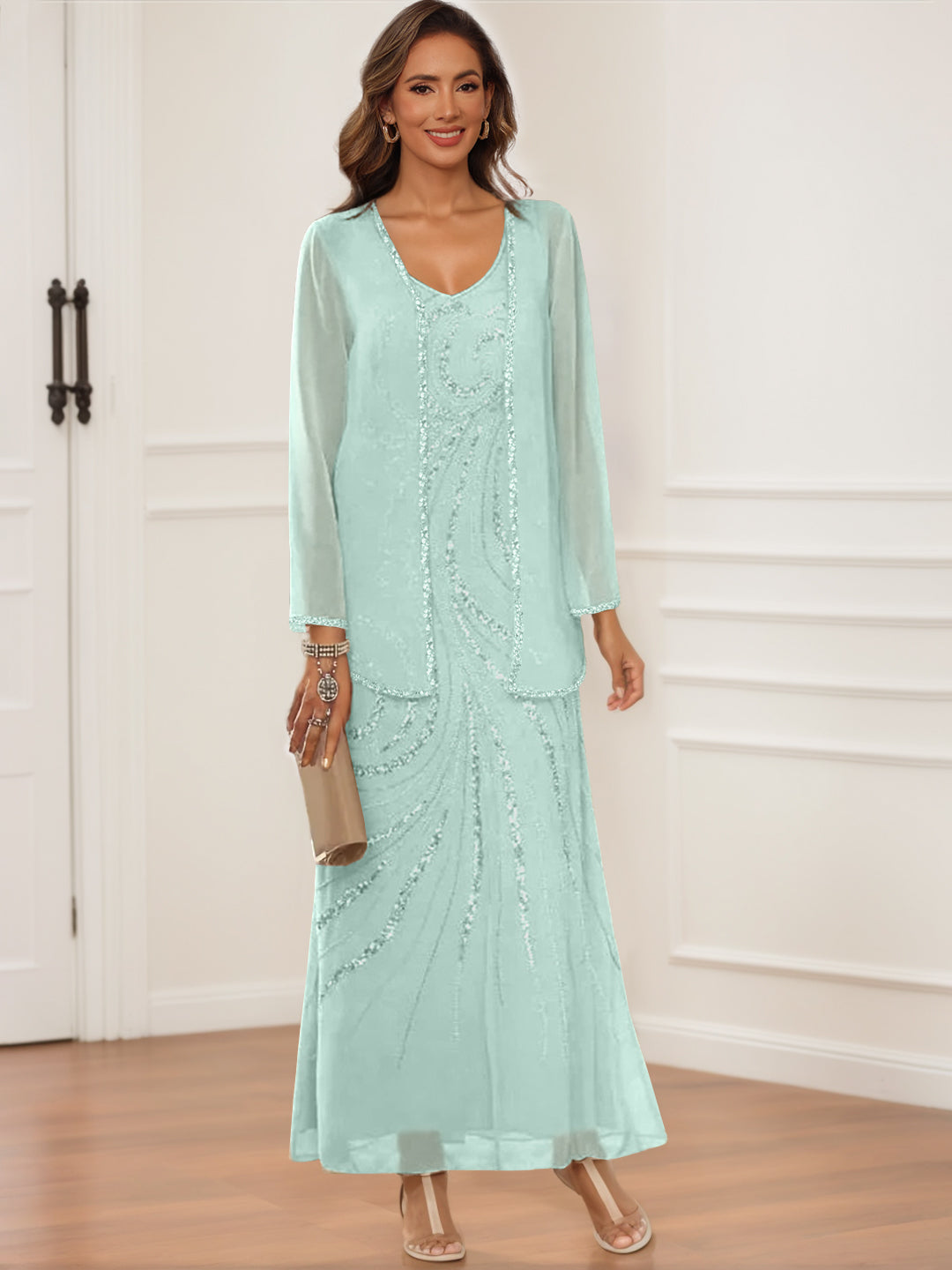 V Neck Ankle Length Sheath Column Dress with Jacket & Sequins for Mothers of the Bride & Groom