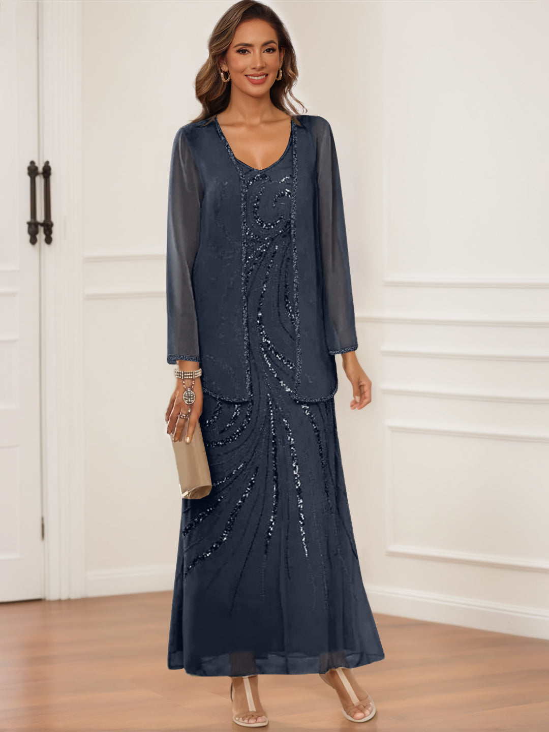 V Neck Ankle Length Sheath Column Dress with Jacket & Sequins for Mothers of the Bride & Groom