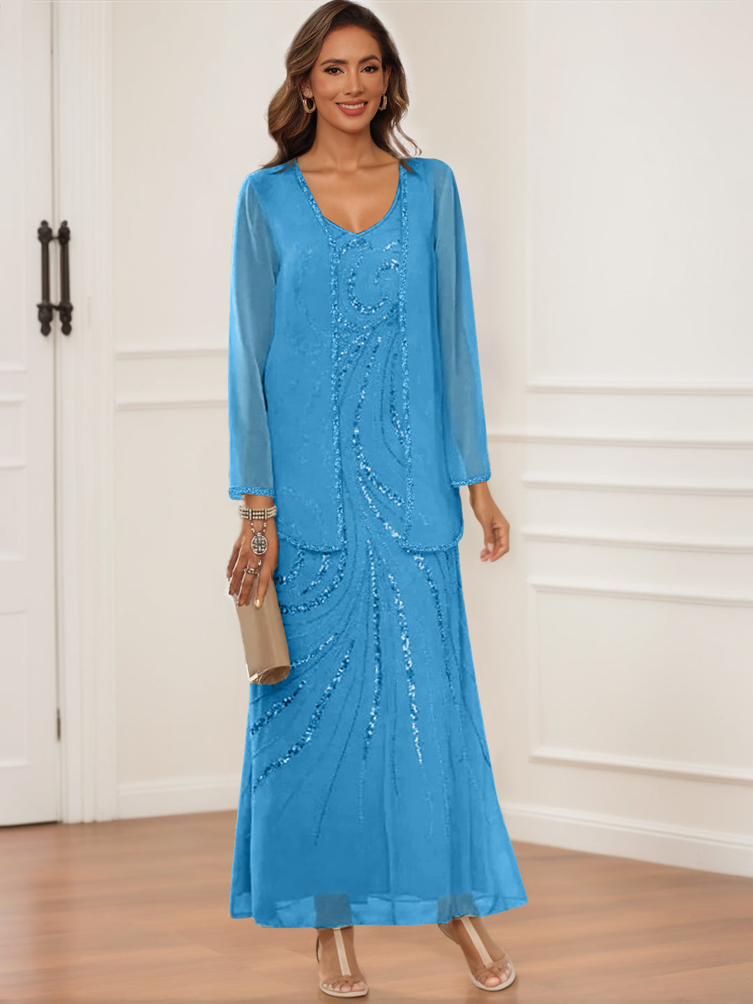 V Neck Ankle Length Sheath Column Dress with Jacket & Sequins for Mothers of the Bride & Groom