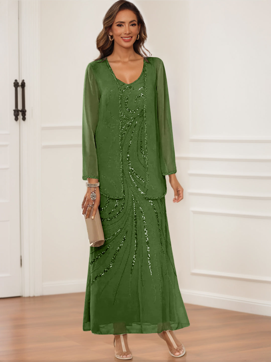 V Neck Ankle Length Sheath Column Dress with Jacket & Sequins for Mothers of the Bride & Groom