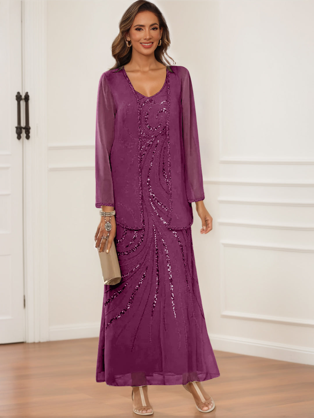V Neck Ankle Length Sheath Column Dress with Jacket & Sequins for Mothers of the Bride & Groom