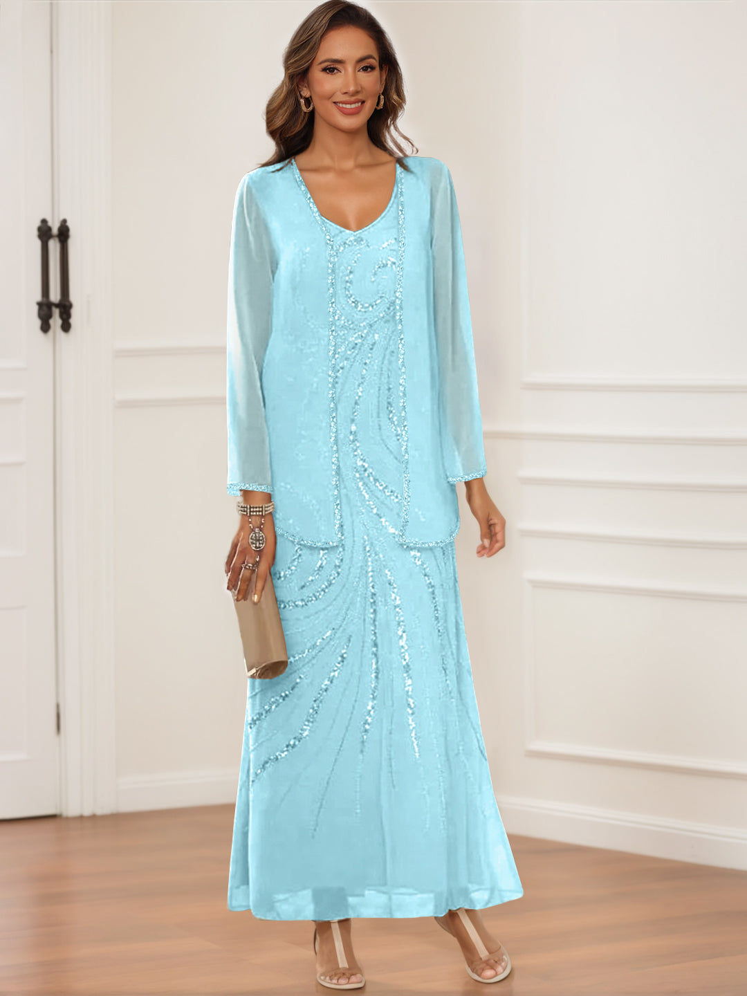 V Neck Ankle Length Sheath Column Dress with Jacket & Sequins for Mothers of the Bride & Groom