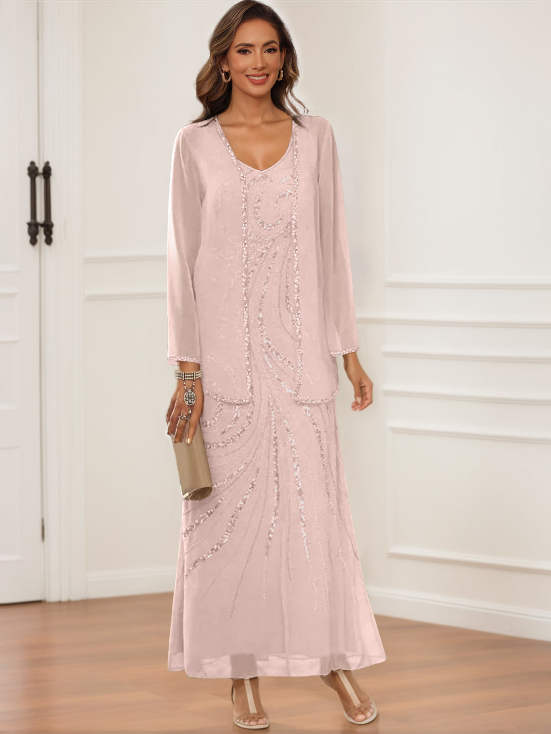 V Neck Ankle Length Sheath Column Dress with Jacket & Sequins for Mothers of the Bride & Groom