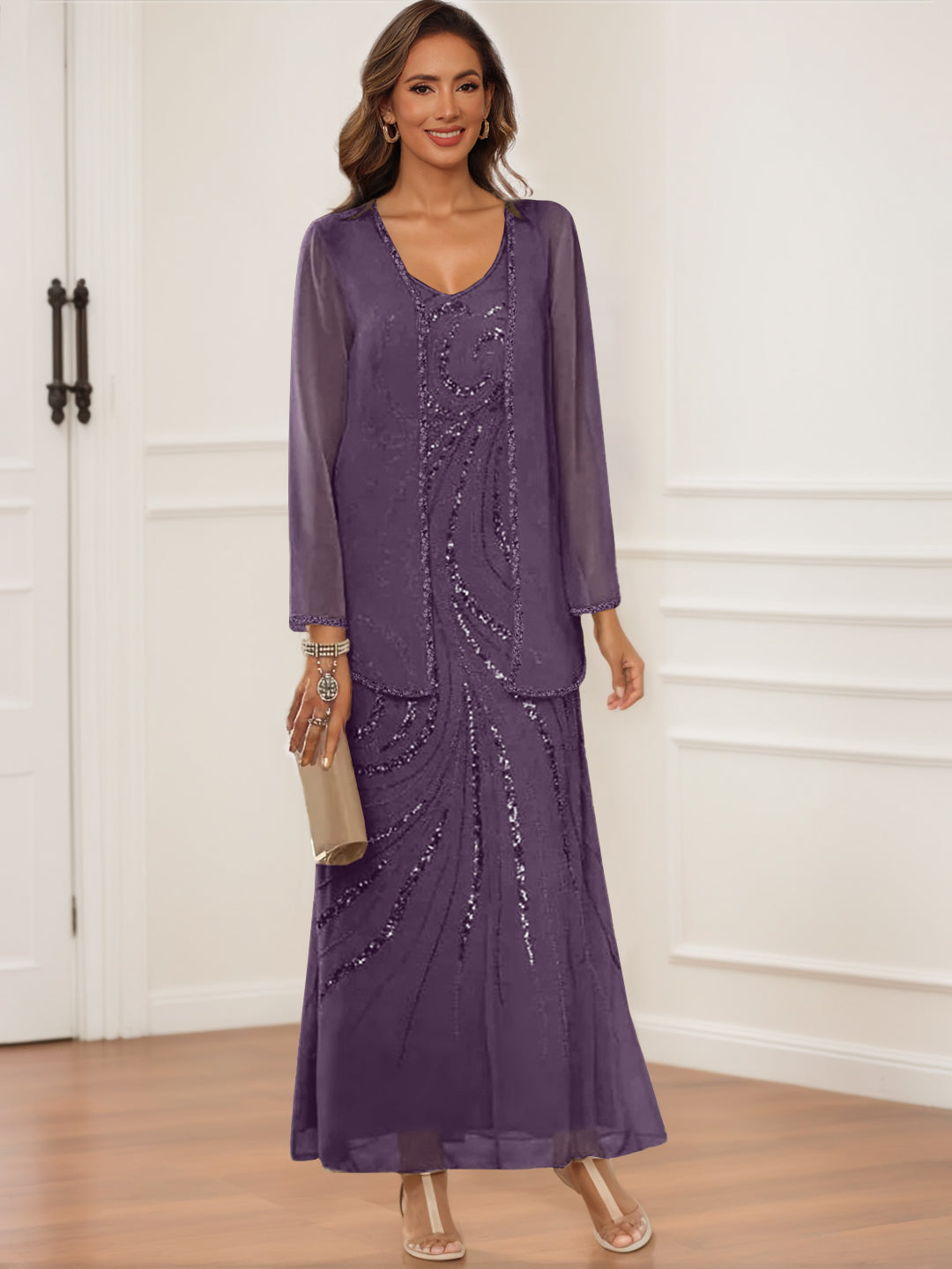 V Neck Ankle Length Sheath Column Dress with Jacket & Sequins for Mothers of the Bride & Groom