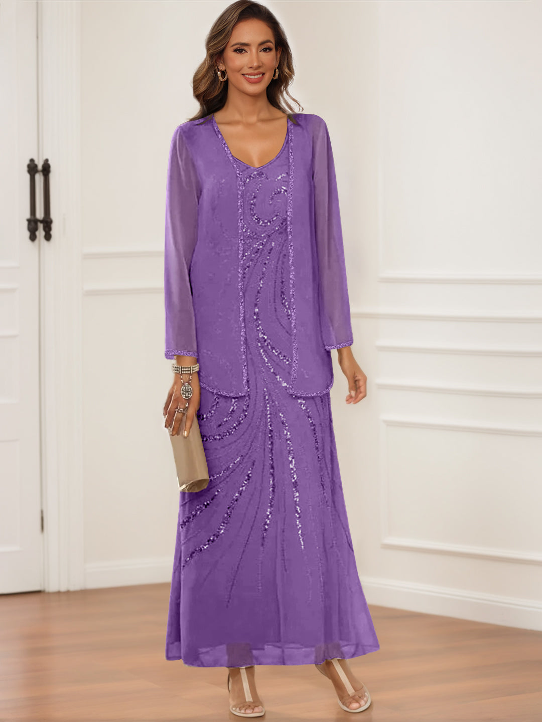 V Neck Ankle Length Sheath Column Dress with Jacket & Sequins for Mothers of the Bride & Groom