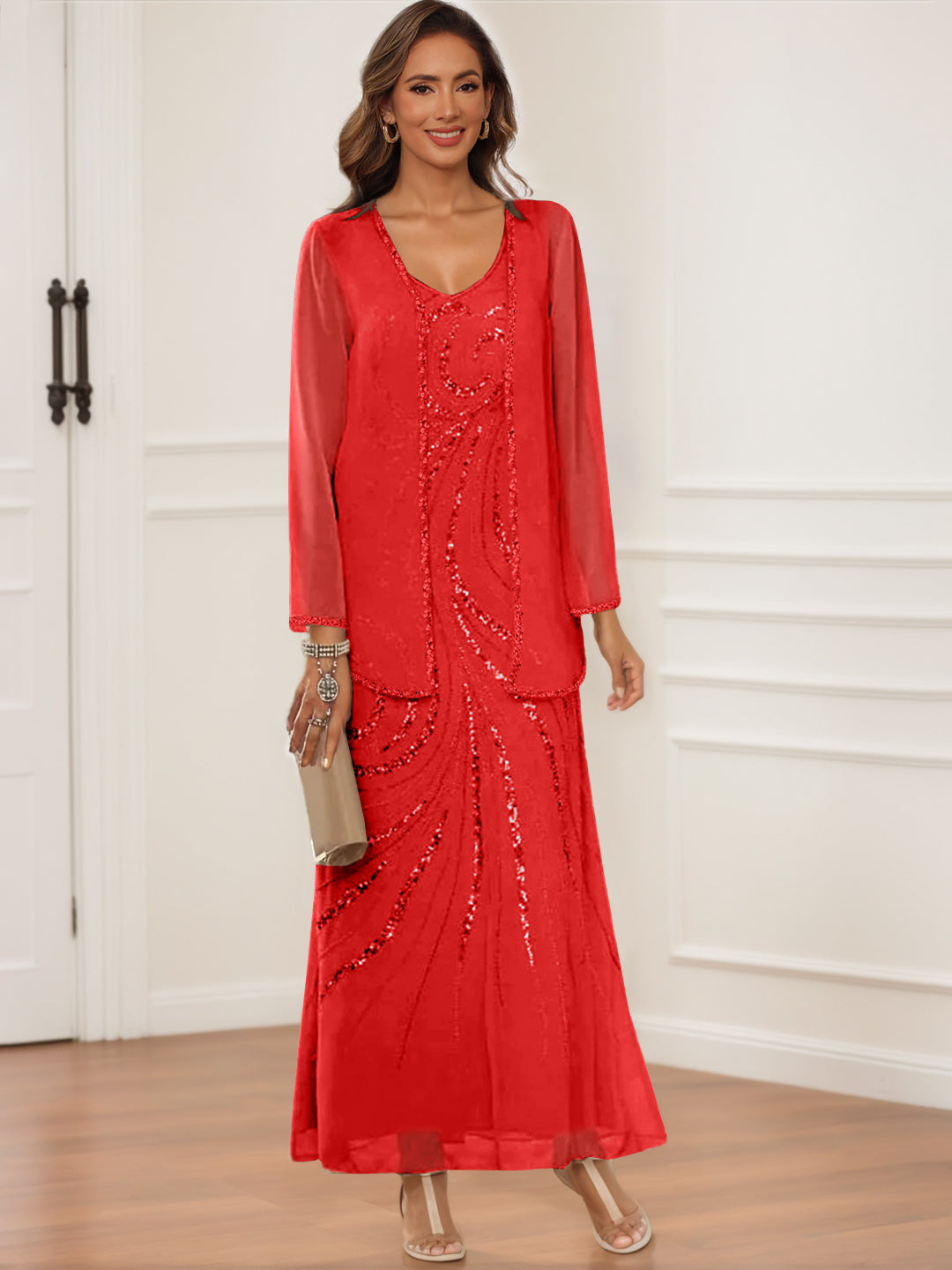 V Neck Ankle Length Sheath Column Dress with Jacket & Sequins for Mothers of the Bride & Groom