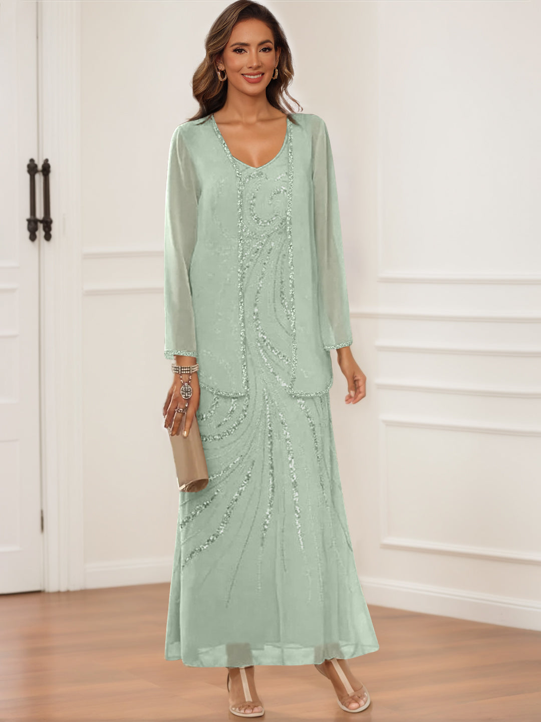 V Neck Ankle Length Sheath Column Dress with Jacket & Sequins for Mothers of the Bride & Groom
