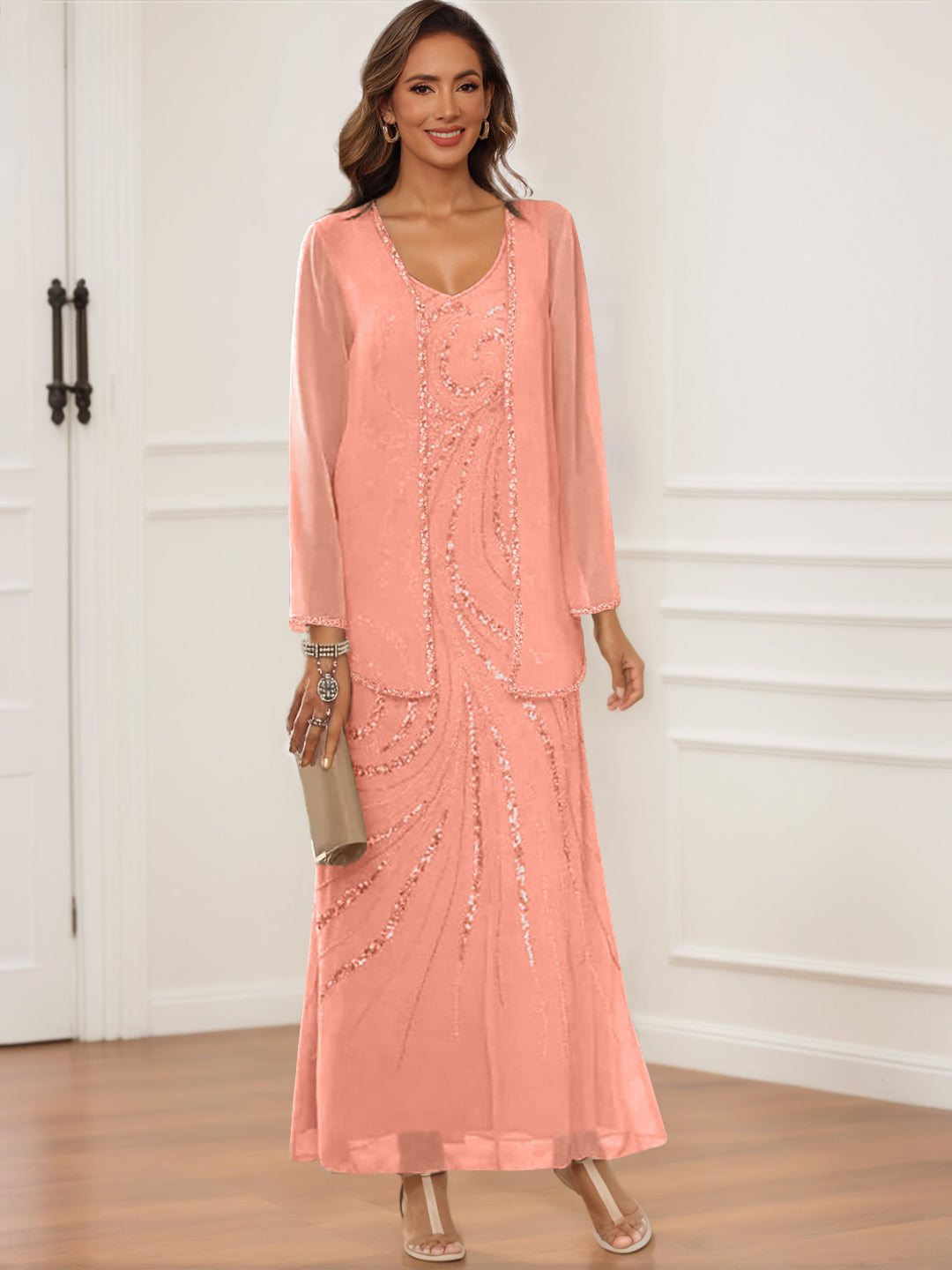 V Neck Ankle Length Sheath Column Dress with Jacket & Sequins for Mothers of the Bride & Groom
