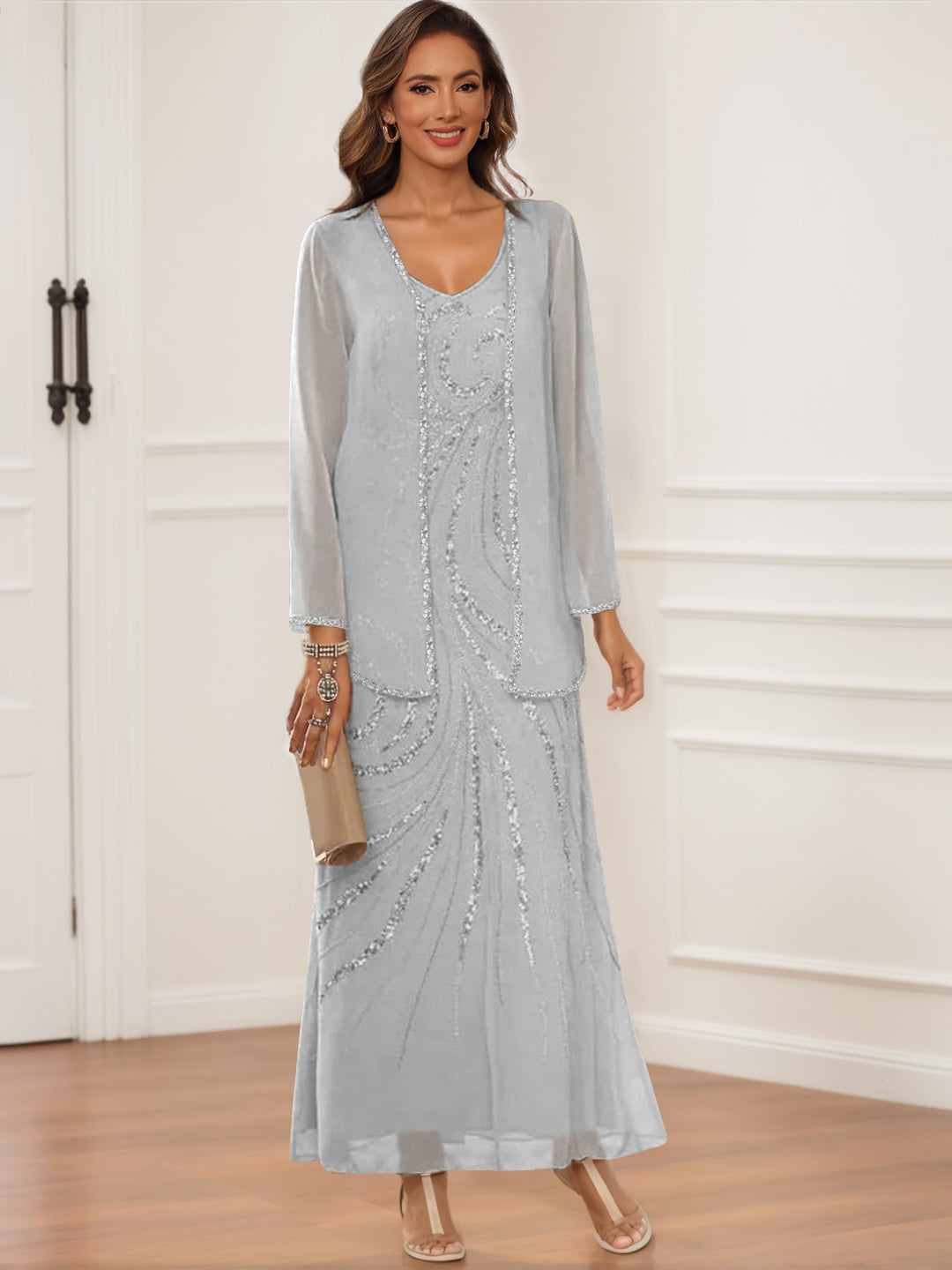 V Neck Ankle Length Sheath Column Dress with Jacket & Sequins for Mothers of the Bride & Groom