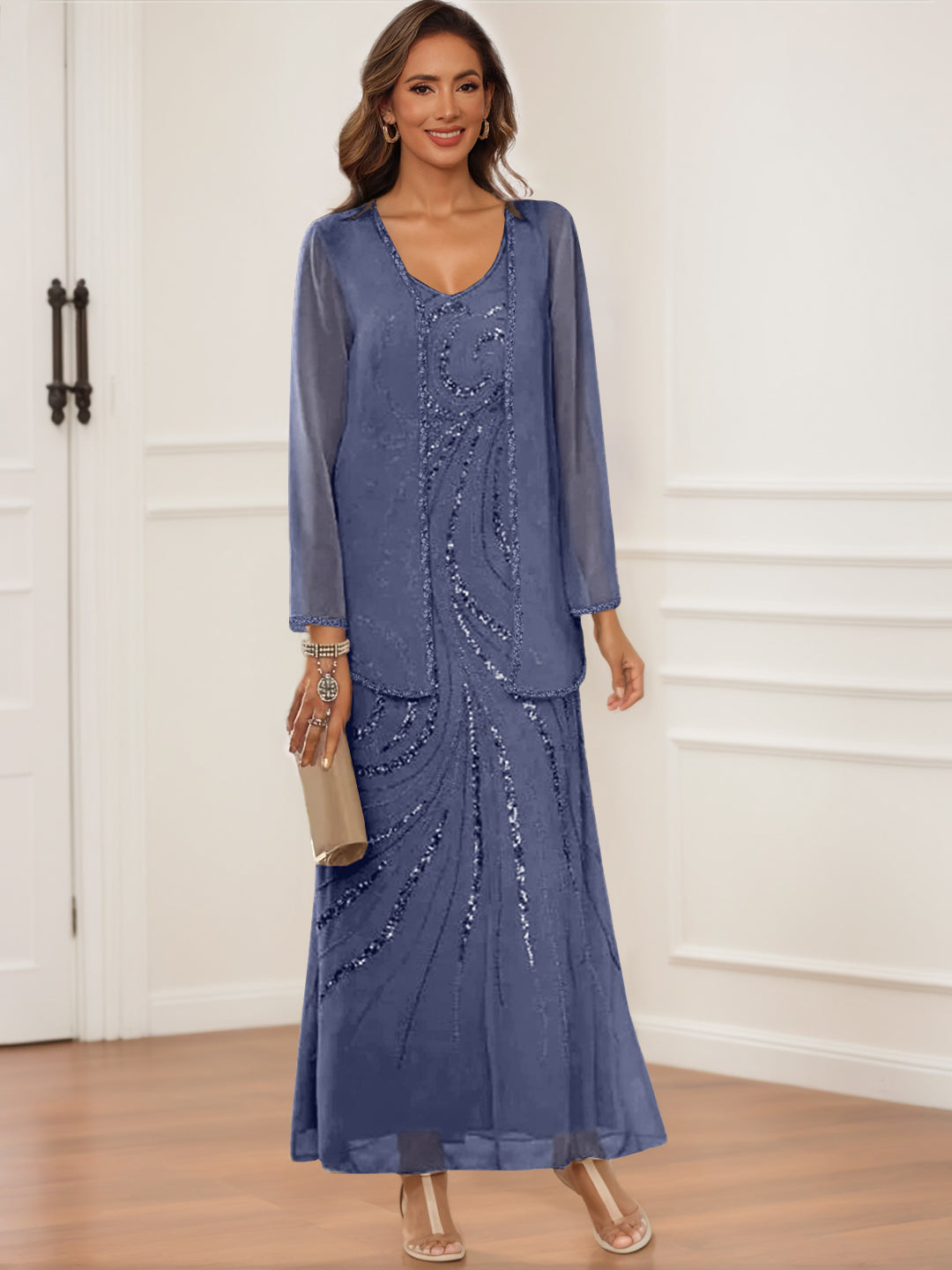 V Neck Ankle Length Sheath Column Dress with Jacket & Sequins for Mothers of the Bride & Groom
