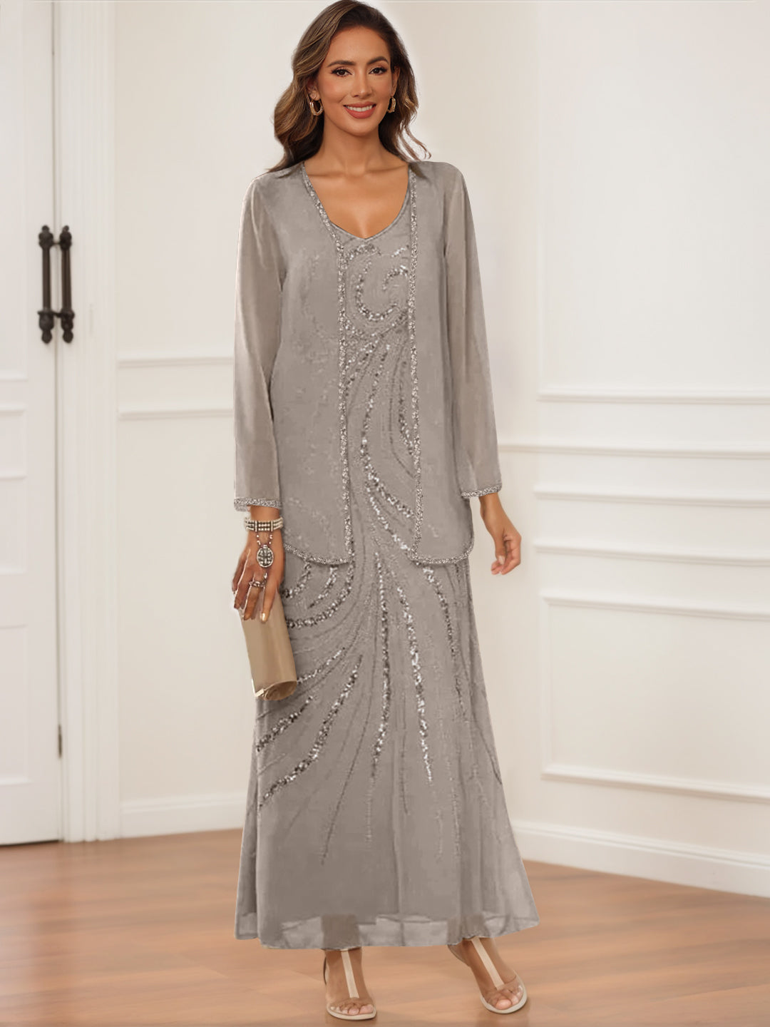 V Neck Ankle Length Sheath Column Dress with Jacket & Sequins for Mothers of the Bride & Groom