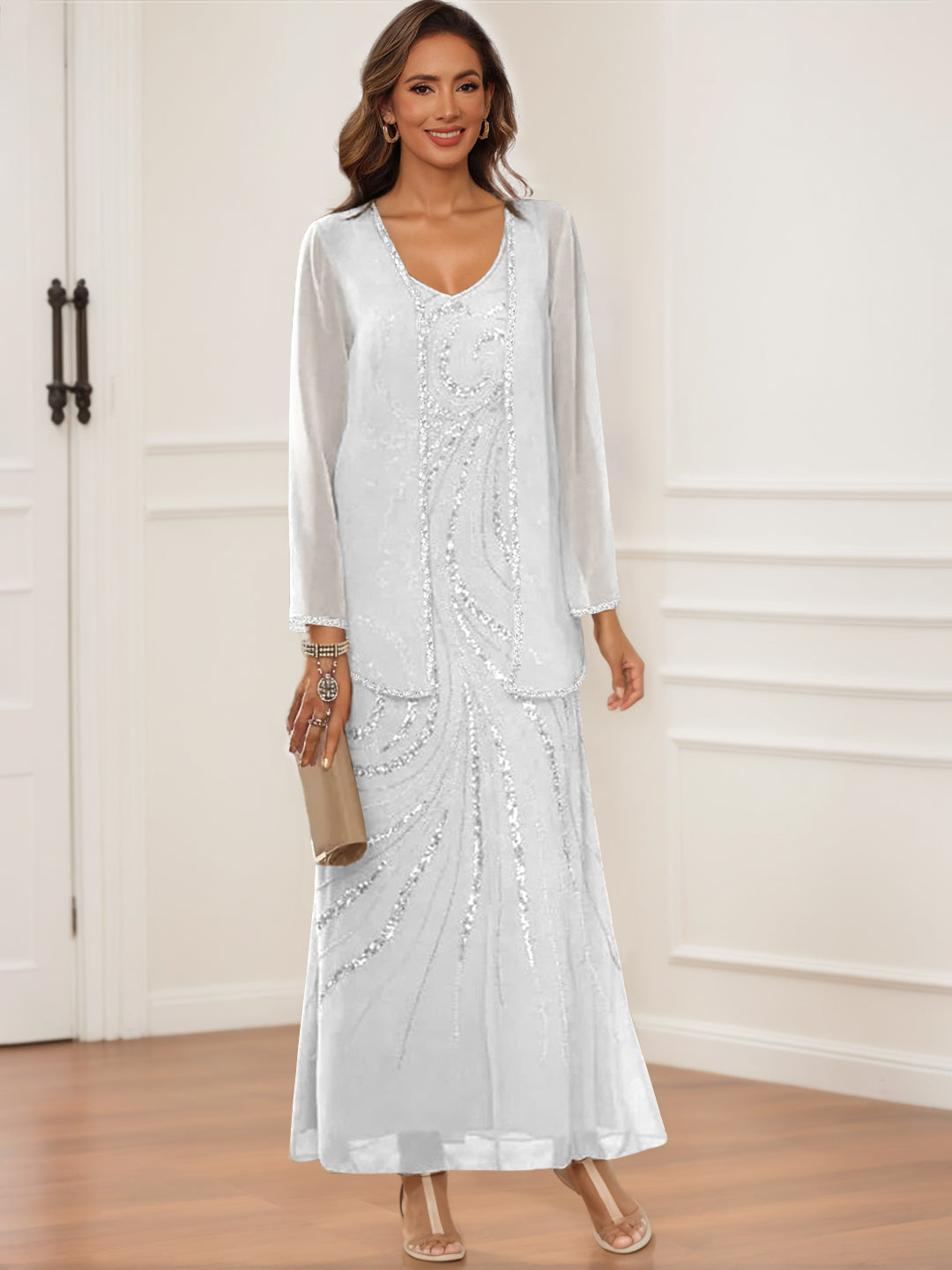 V Neck Ankle Length Sheath Column Dress with Jacket & Sequins for Mothers of the Bride & Groom