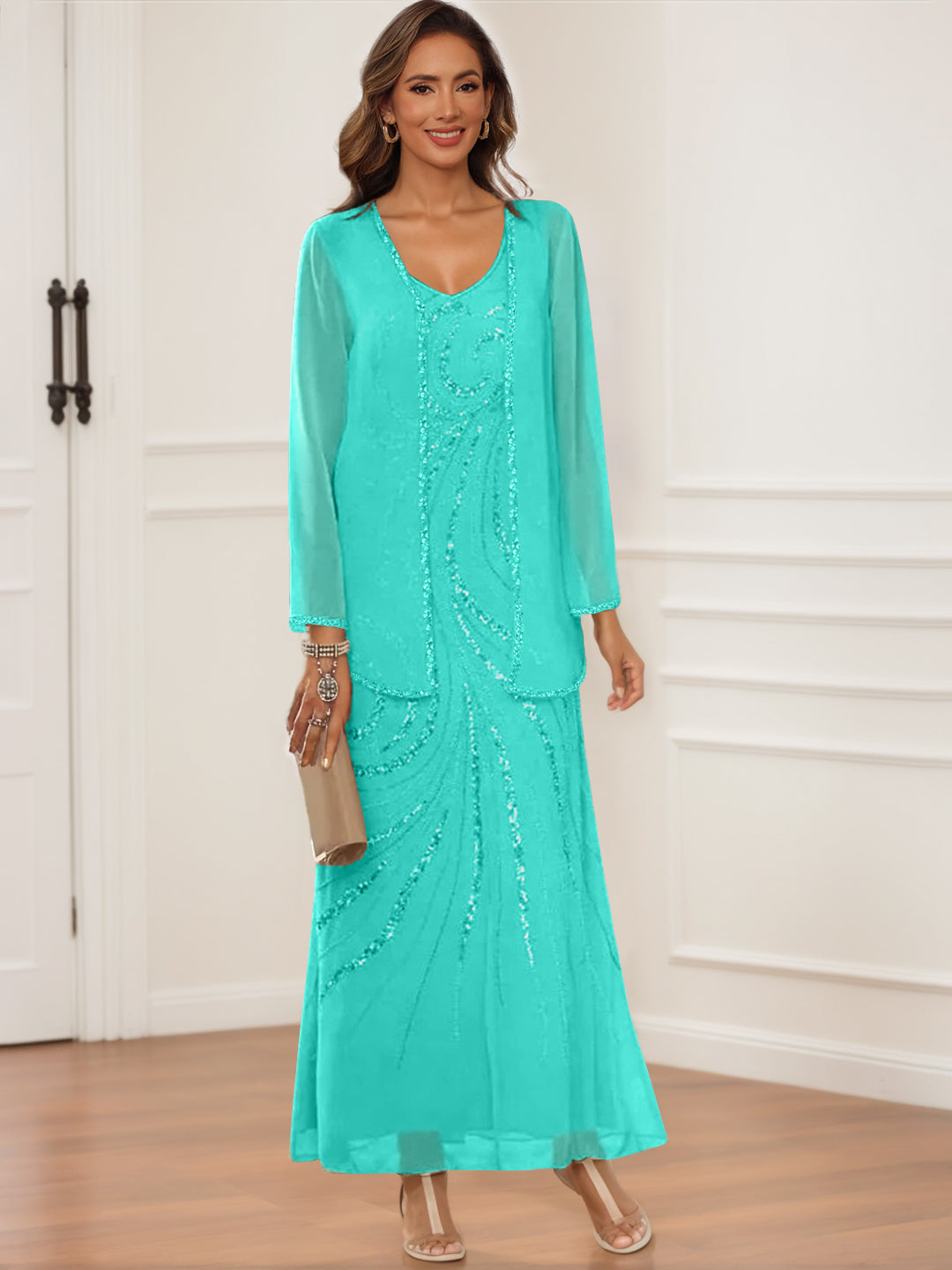 V Neck Ankle Length Sheath Column Dress with Jacket & Sequins for Mothers of the Bride & Groom