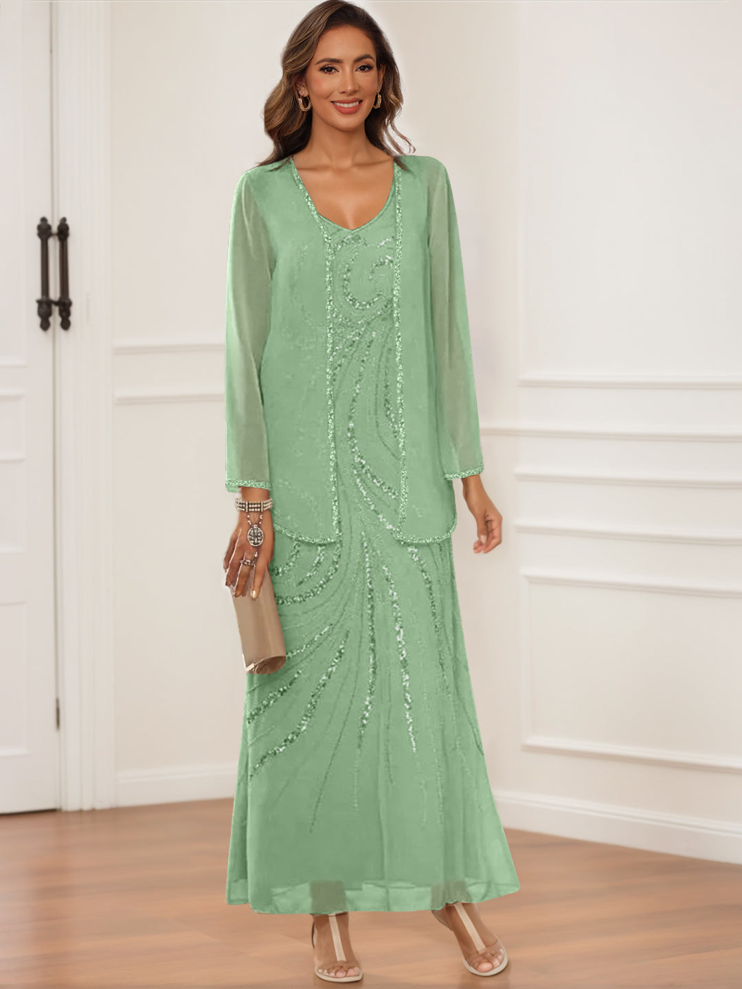 V Neck Ankle Length Sheath Column Dress with Jacket & Sequins for Mothers of the Bride & Groom