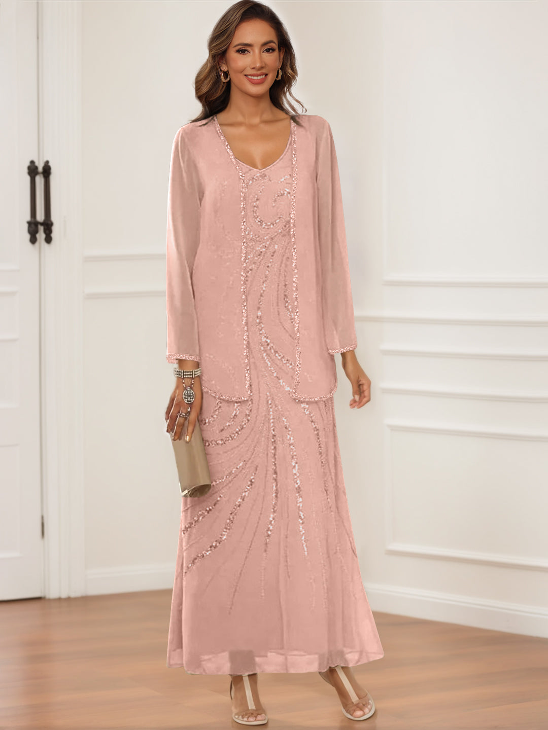 V Neck Ankle Length Sheath Column Dress with Jacket & Sequins for Mothers of the Bride & Groom