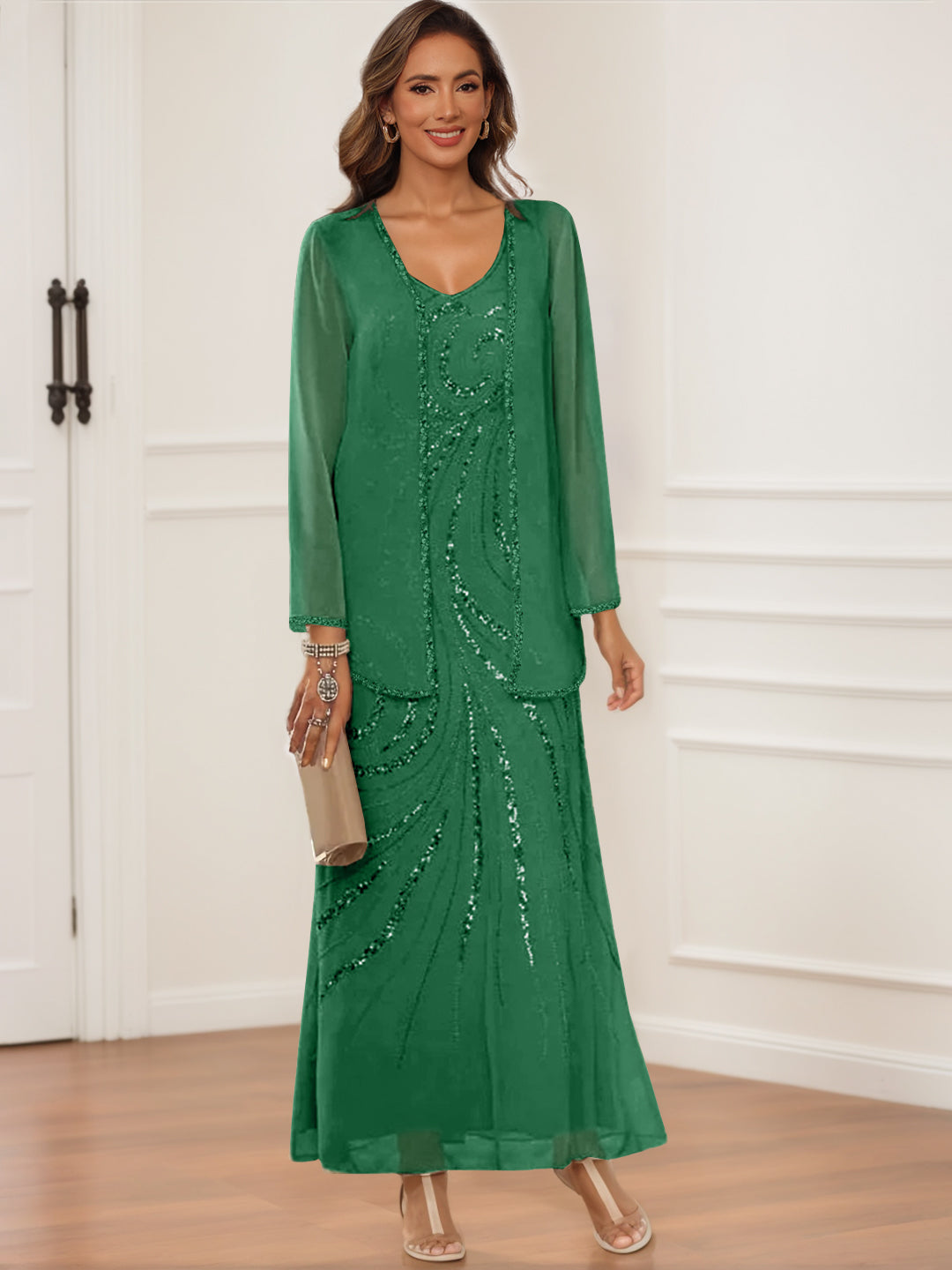 V Neck Ankle Length Sheath Column Dress with Jacket & Sequins for Mothers of the Bride & Groom