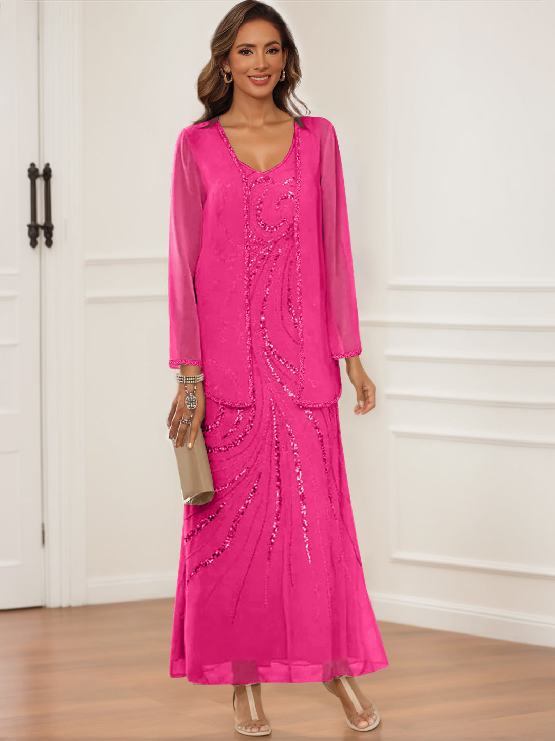 V Neck Ankle Length Sheath Column Dress with Jacket & Sequins for Mothers of the Bride & Groom