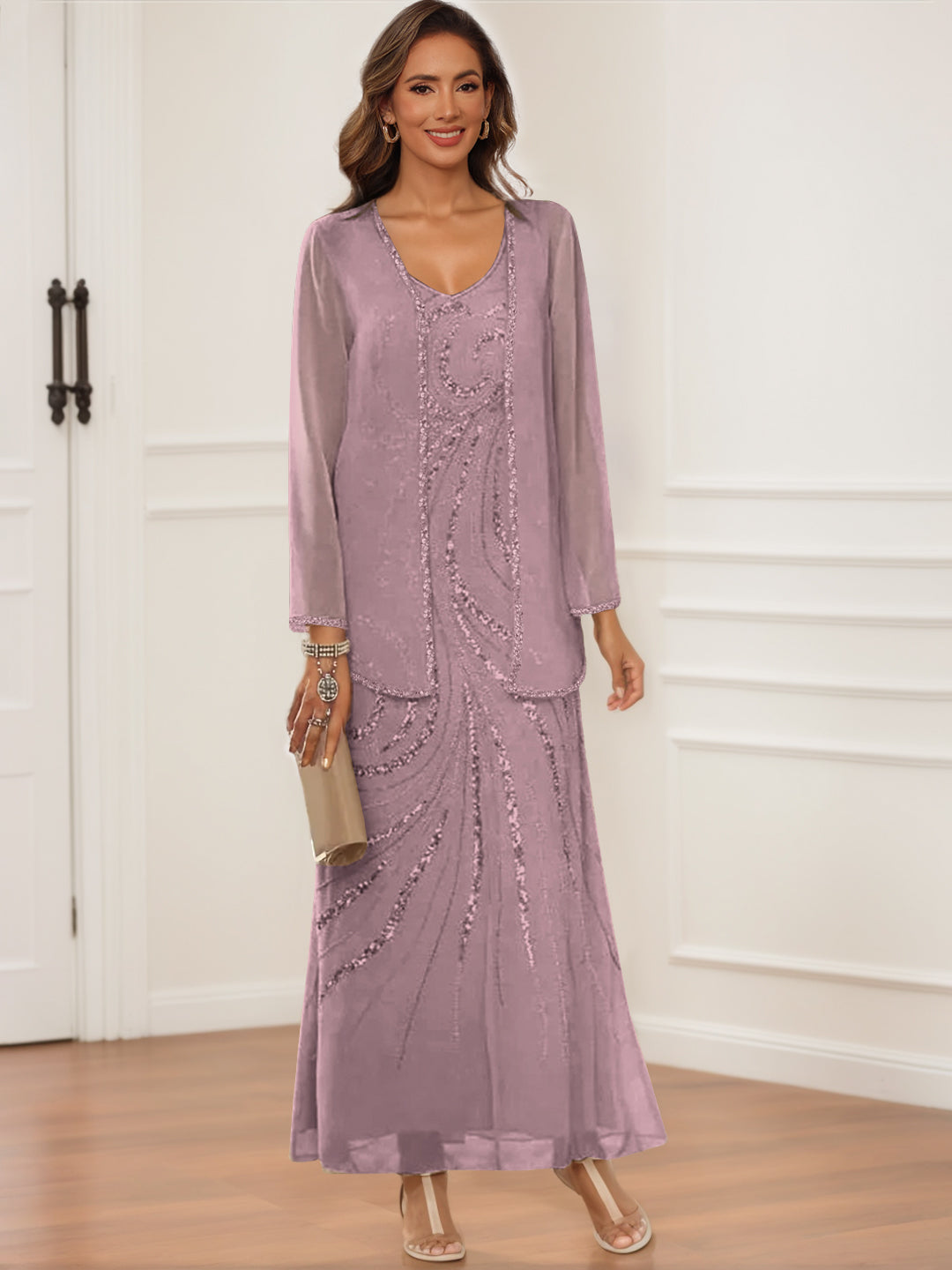 V Neck Ankle Length Sheath Column Dress with Jacket & Sequins for Mothers of the Bride & Groom