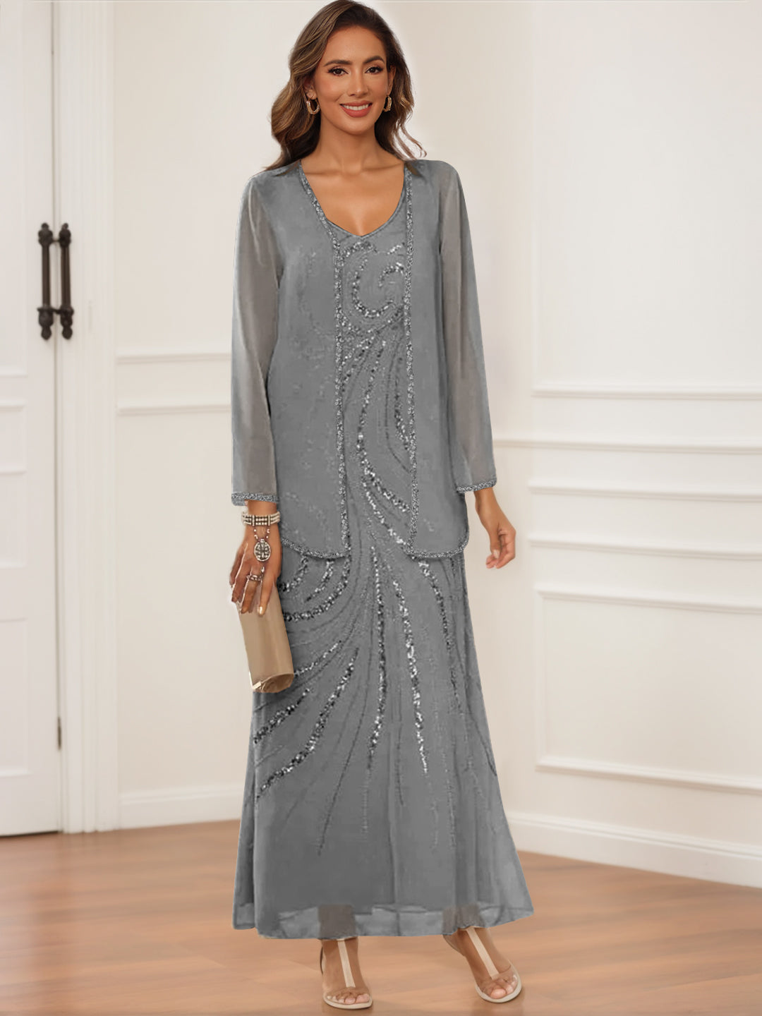 V Neck Ankle Length Sheath Column Dress with Jacket & Sequins for Mothers of the Bride & Groom
