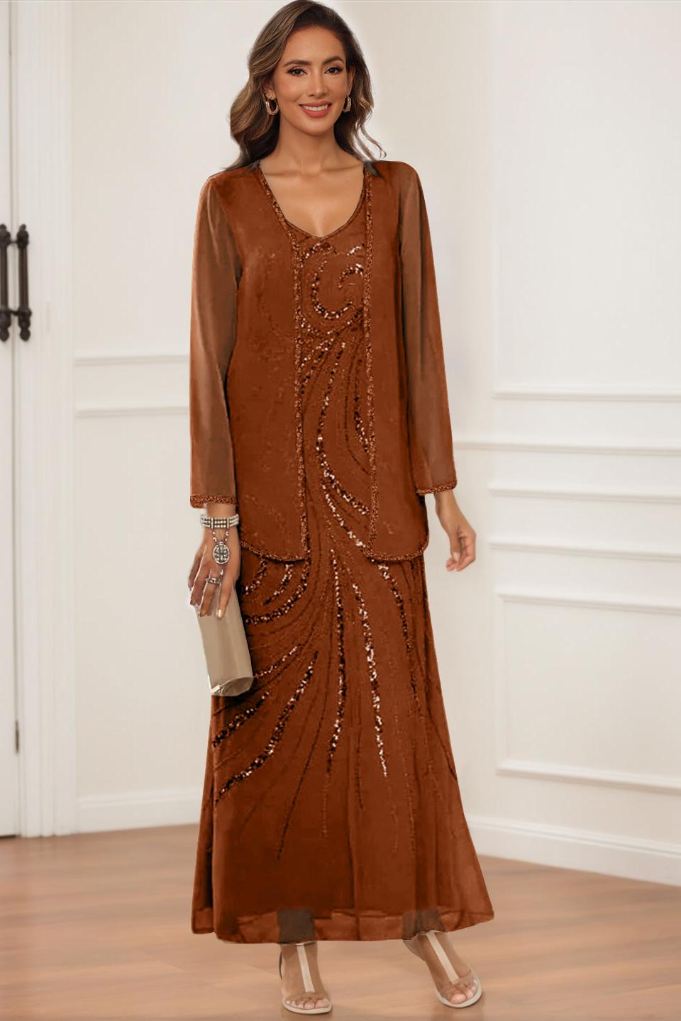 V Neck Ankle Length Sheath Column Dress with Jacket & Sequins for Mothers of the Bride & Groom