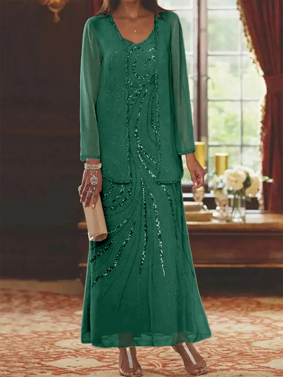 Chiffon Mother of the Bride Dress 3/4 Sleeve Wedding Guest Dress with Beadings