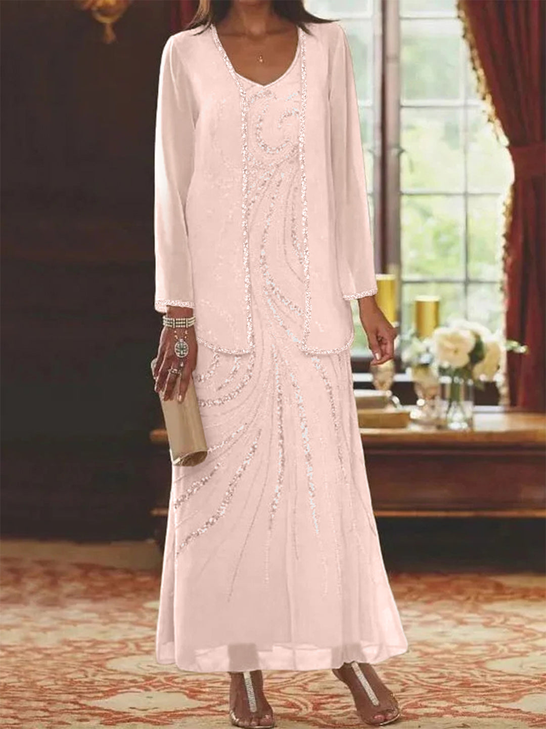 Chiffon Mother of the Bride Dress 3/4 Sleeve Wedding Guest Dress with Beadings