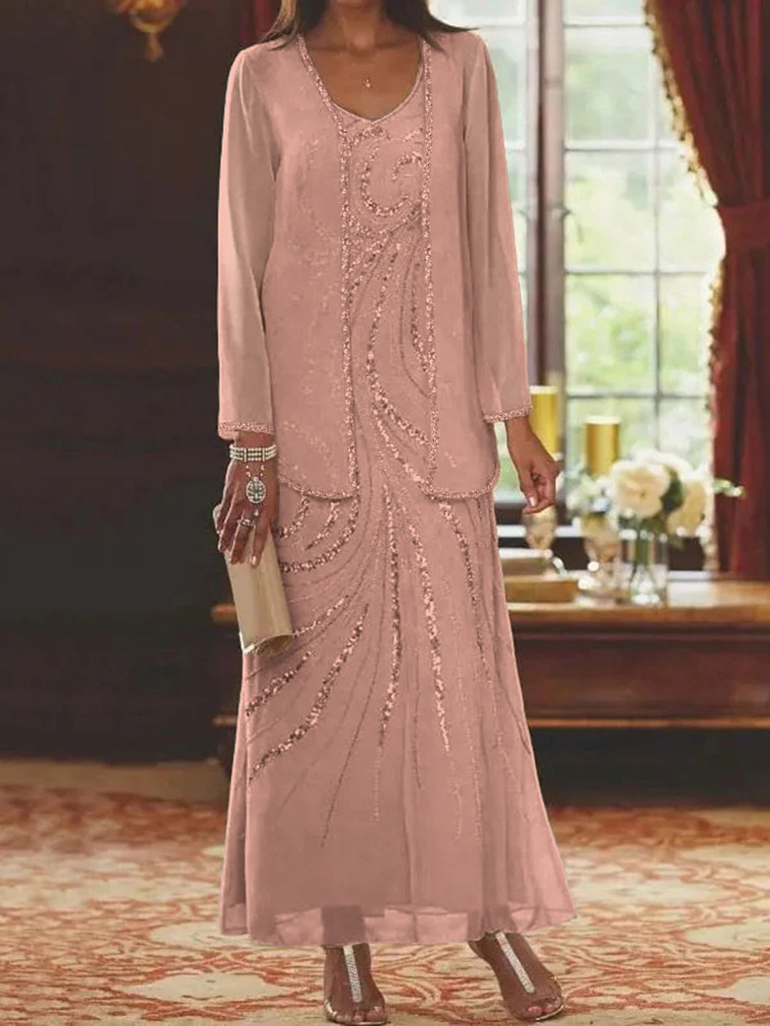 Chiffon Mother of the Bride Dress 3/4 Sleeve Wedding Guest Dress with Beadings