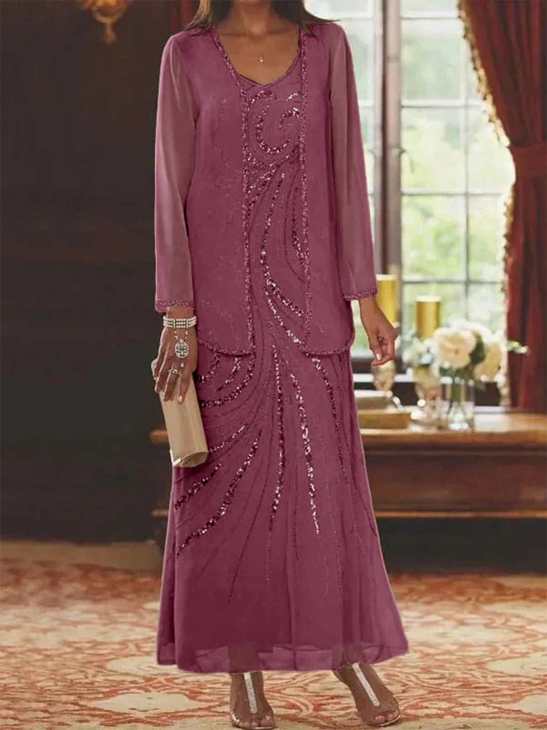 Chiffon Mother of the Bride Dress 3/4 Sleeve Wedding Guest Dress with Beadings