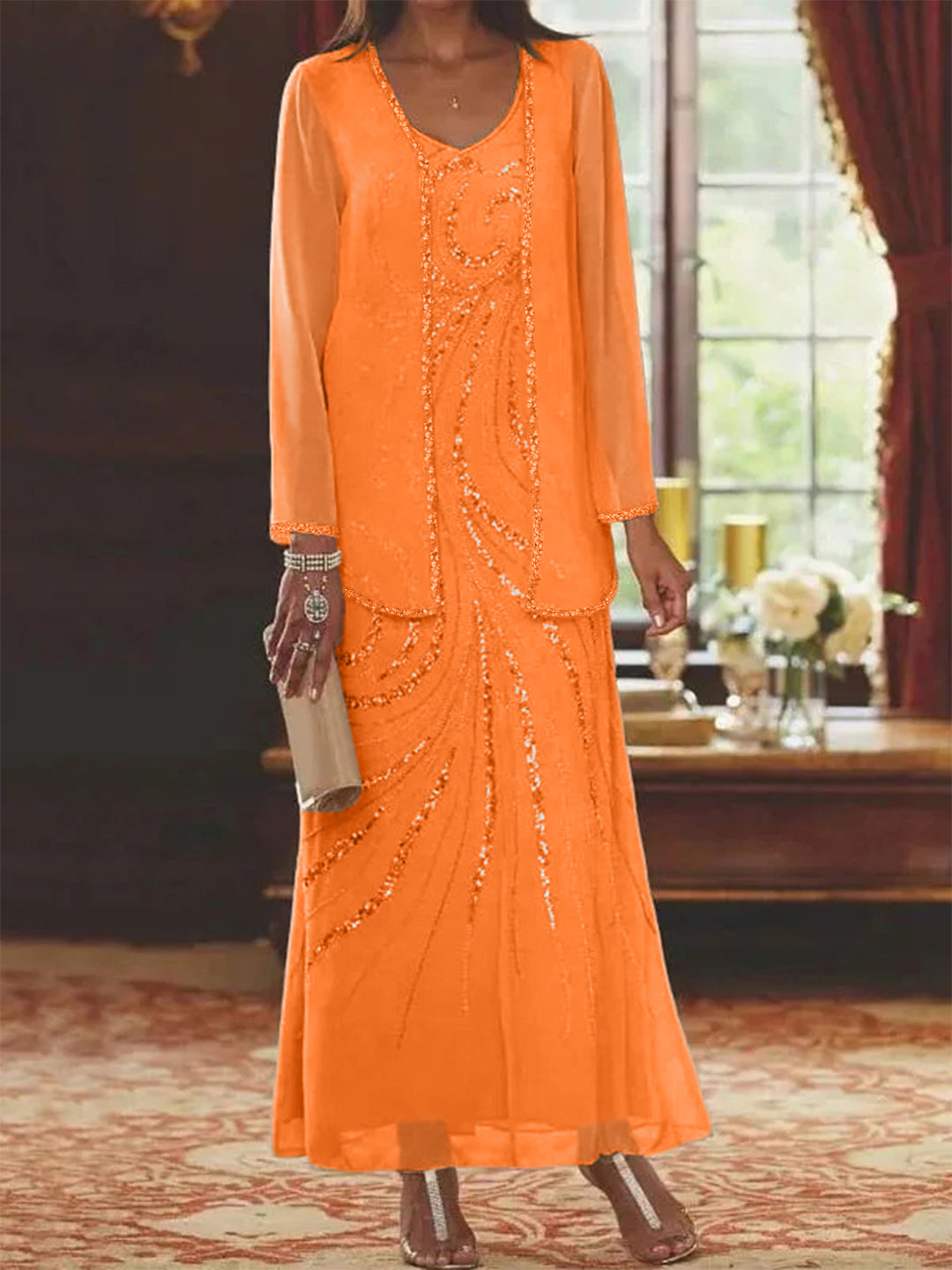 Chiffon Mother of the Bride Dress 3/4 Sleeve Wedding Guest Dress with Beadings