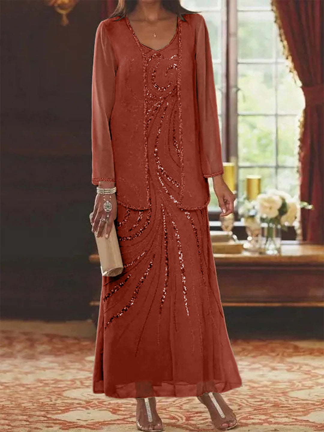 Chiffon Mother of the Bride Dress 3/4 Sleeve Wedding Guest Dress with Beadings