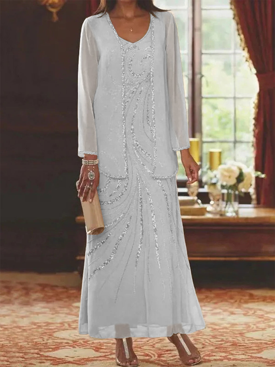Chiffon Mother of the Bride Dress 3/4 Sleeve Wedding Guest Dress with Beadings