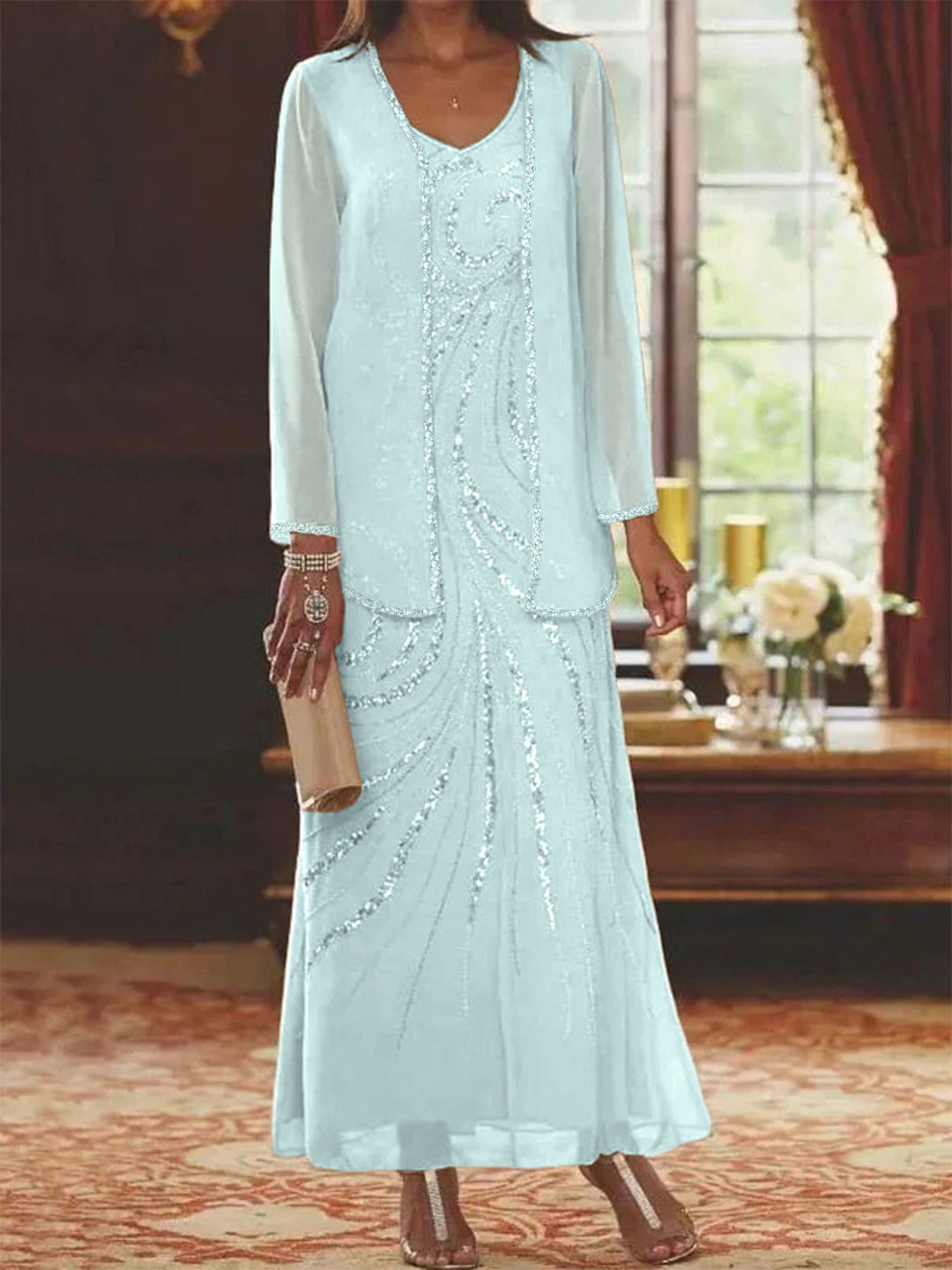 Chiffon Mother of the Bride Dress 3/4 Sleeve Wedding Guest Dress with Beadings