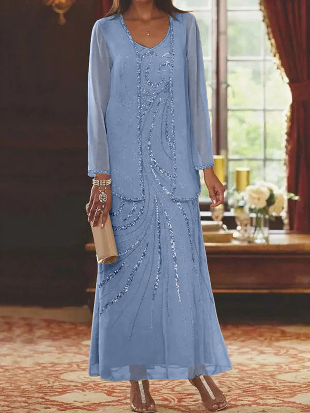 Chiffon Mother of the Bride Dress 3/4 Sleeve Wedding Guest Dress with Beadings