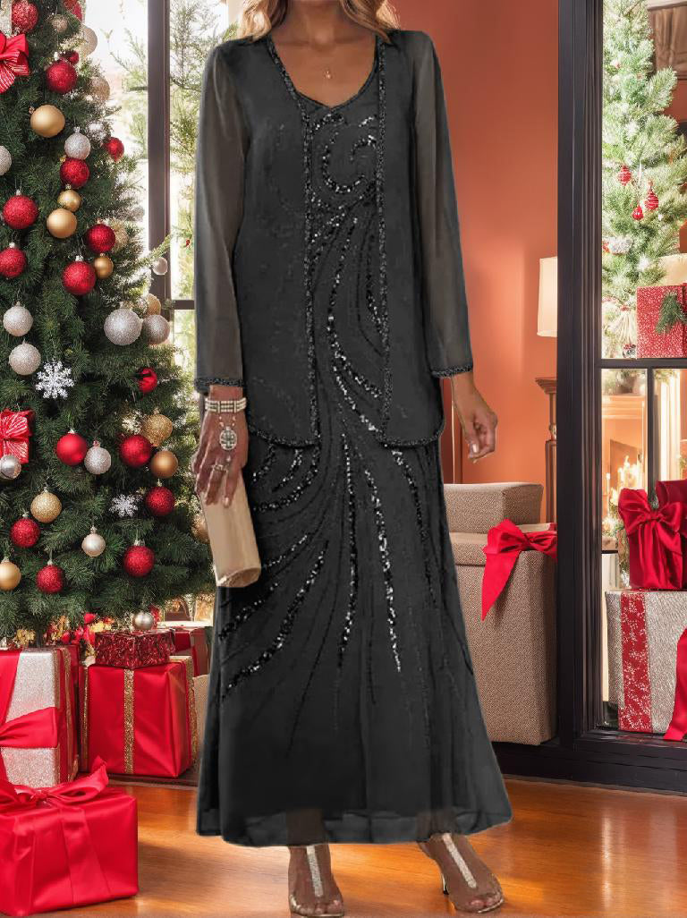 Chiffon Mother of the Bride Dress 3/4 Sleeve Wedding Guest Dress with Beadings
