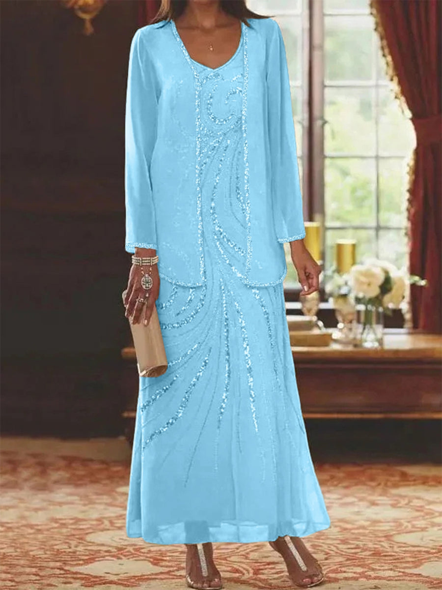 Chiffon Mother of the Bride Dress 3/4 Sleeve Wedding Guest Dress with Beadings