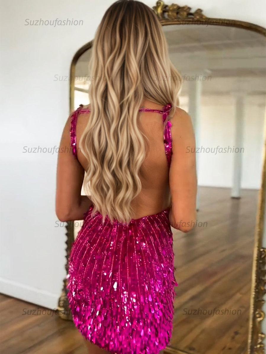 Suzhoufashion V-Neck Backless Short Tight Sequin Homecoming Dress