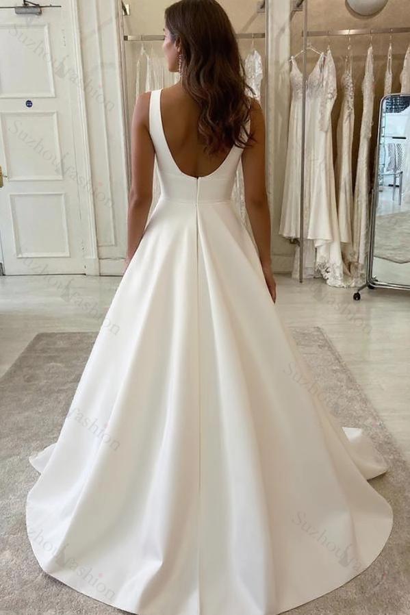 V Neck Beach Wedding Dress A Line Satin Beach Bridal Dress