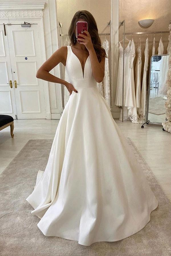 V Neck Beach Wedding Dress A Line Satin Beach Bridal Dress