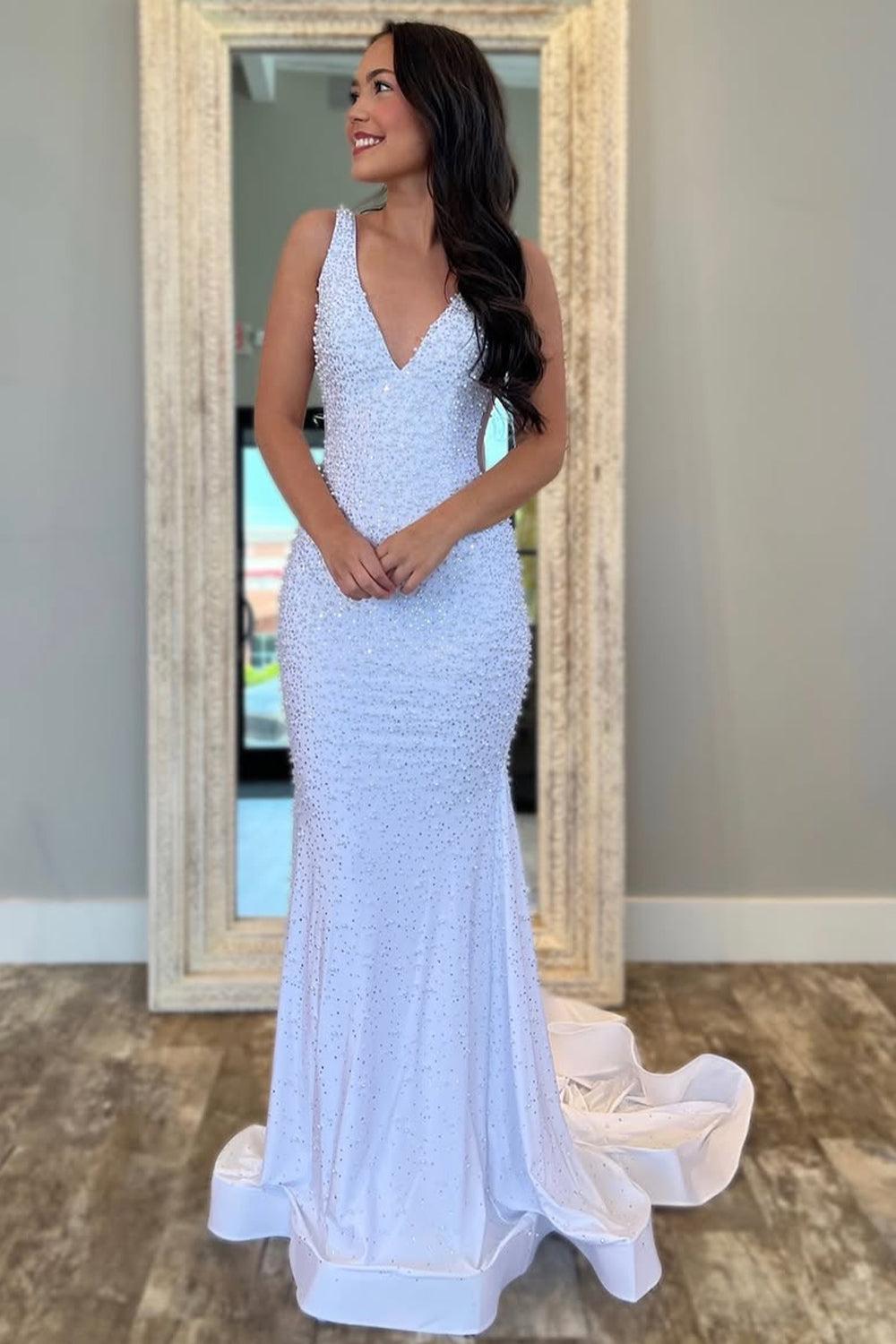 Suzhoufashion V-Neck Beaded Mermaid Prom Dress With Side Illusion Formal Evening Gown