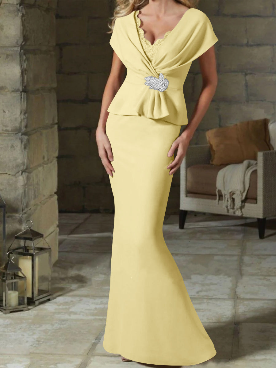 V Neck Belted Mother of the Bride Sheath Column Dress